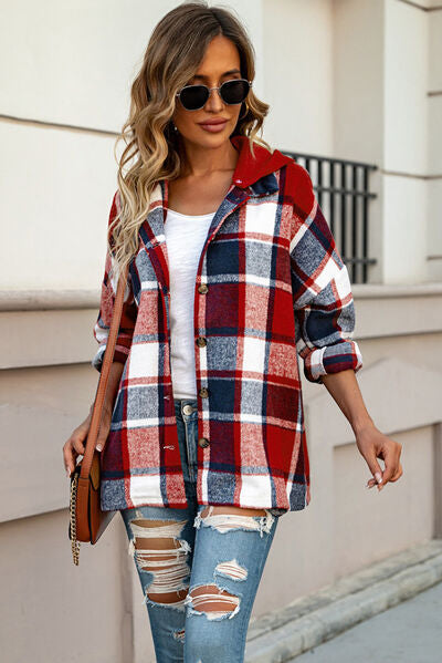 Gray Button Up Plaid Hooded Jacket Sentient Beauty Fashions Apparel &amp; Accessories