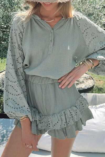 Light Slate Gray Eyelet Half Button Top and Shorts Set Sentient Beauty Fashions Apparel &amp; Accessories