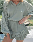 Light Slate Gray Eyelet Half Button Top and Shorts Set Sentient Beauty Fashions Apparel & Accessories