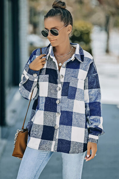 Slate Gray Plaid Button Up Dropped Shoulder Jacket Sentient Beauty Fashions Apparel & Accessories