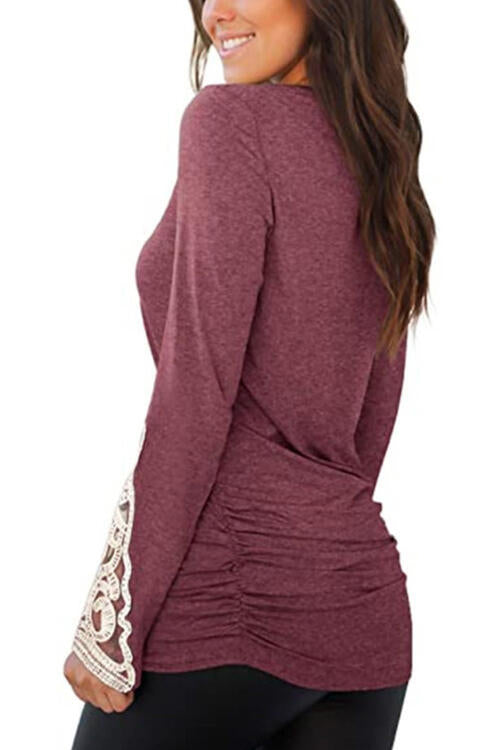 Saddle Brown Lace Detail Long Sleeve Round Neck T-Shirt Sentient Beauty Fashions Apparel &amp; Accessories