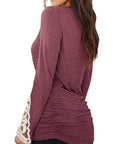 Saddle Brown Lace Detail Long Sleeve Round Neck T-Shirt Sentient Beauty Fashions Apparel & Accessories