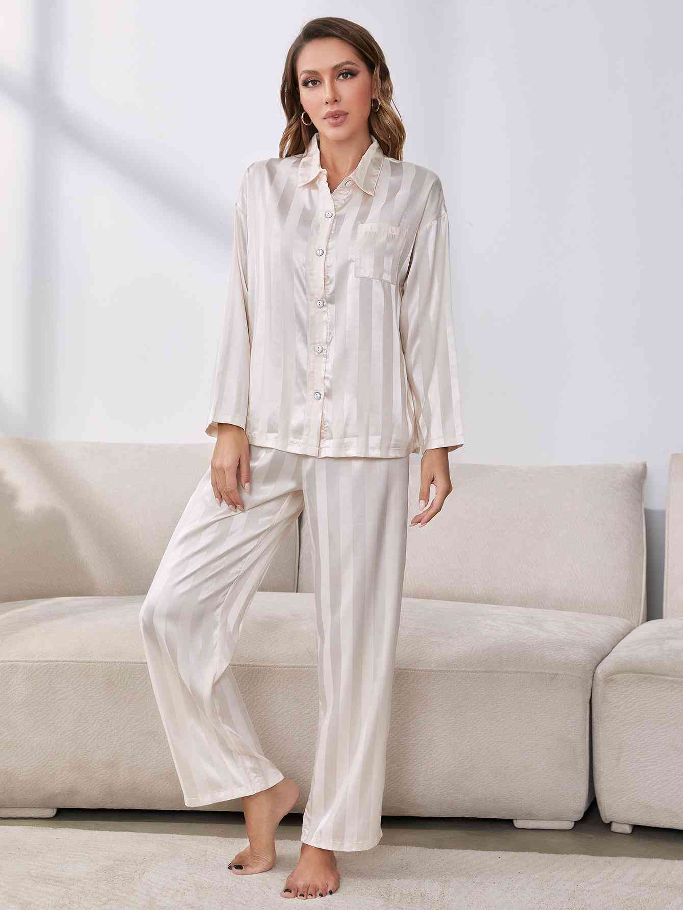 Light Gray Button-Up Shirt and Pants Pajama Set