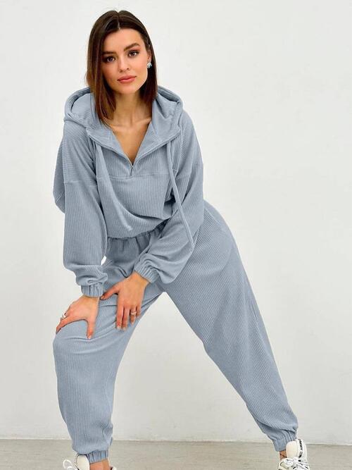 Light Gray Half Zip Drawstring Hoodie and Pants Set Sentient Beauty Fashions Apparel &amp; Accessories
