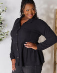 Black Heimish Full Size Waffle-Knit Button Down Blouse Sentient Beauty Fashions Apparel & Accessories