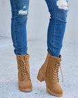 Light Steel Blue Forever Link Lace-Up Zipper Detail Block Heel Boots Sentient Beauty Fashions Shoes