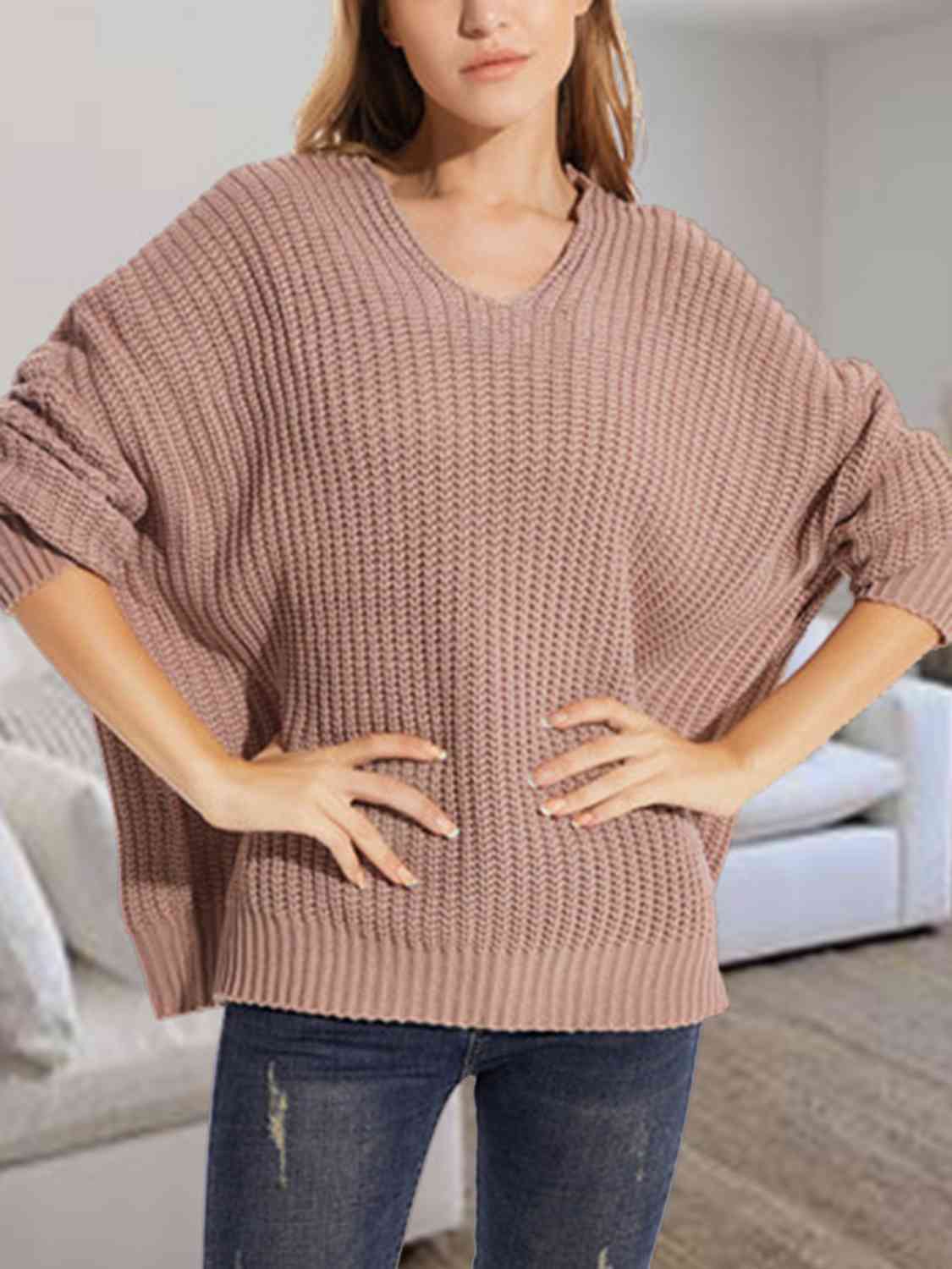 Rosy Brown V-Neck Batwing Dropped Shoulder Sweater Sentient Beauty Fashions Apparel & Accessories