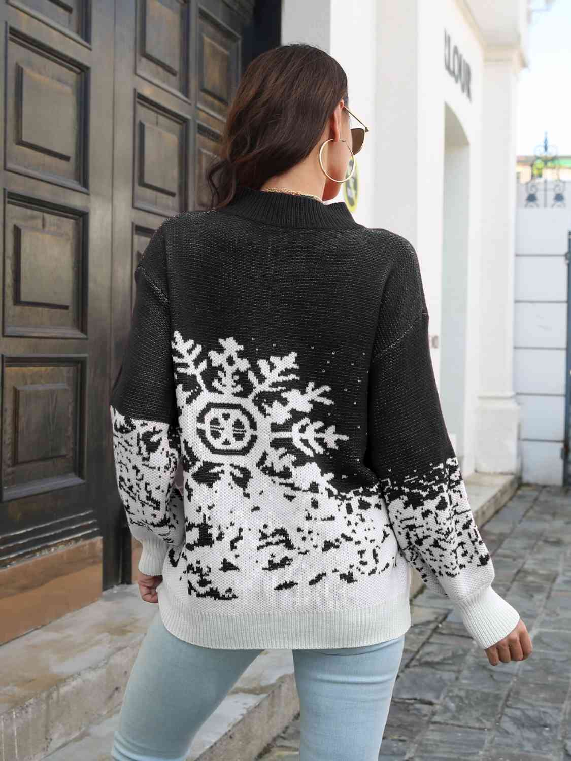 Dark Gray Snowflake Pattern Mock Neck Sweater