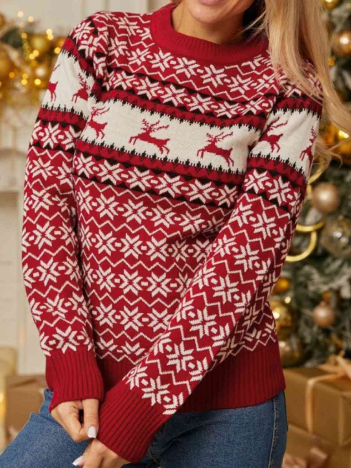 Sienna Reindeer and Snowflake Print Pullover Sweater