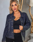 Dark Slate Gray Collared Neck Dropped Shoulder Denim Jacket Sentient Beauty Fashions Apparel & Accessories