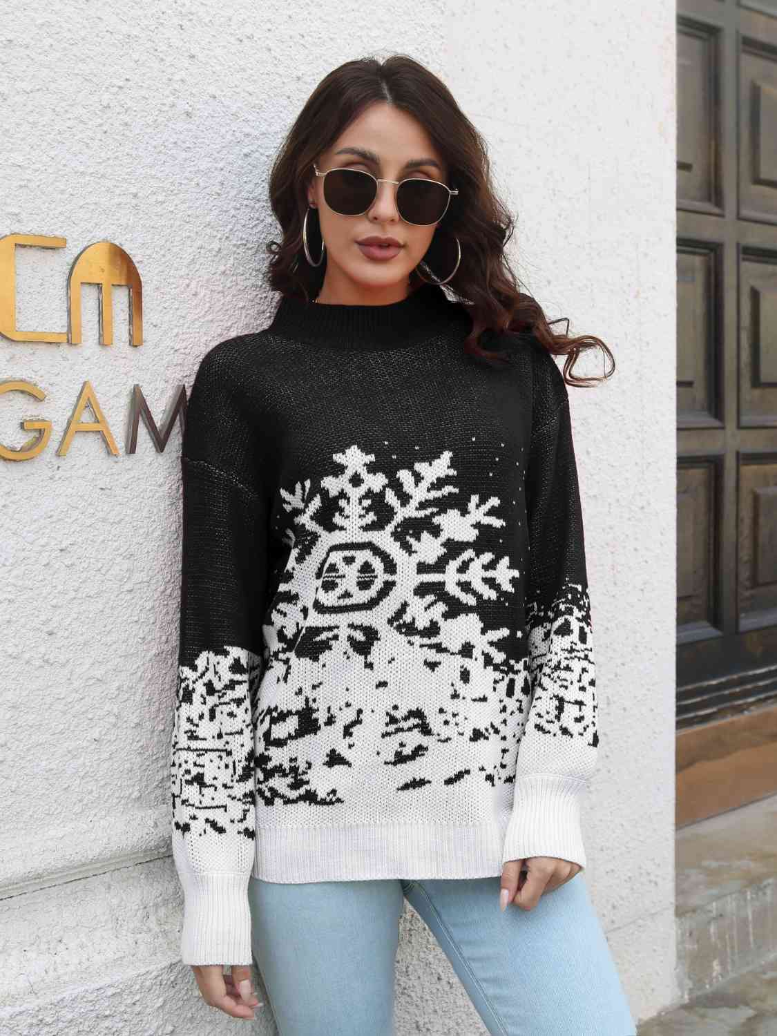 Dark Slate Gray Snowflake Pattern Mock Neck Sweater