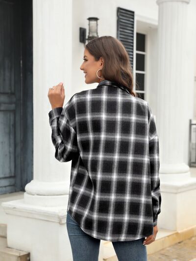 Dark Slate Gray Plaid Button Up Pocketed Shirt Sentient Beauty Fashions Apparel &amp; Accessories