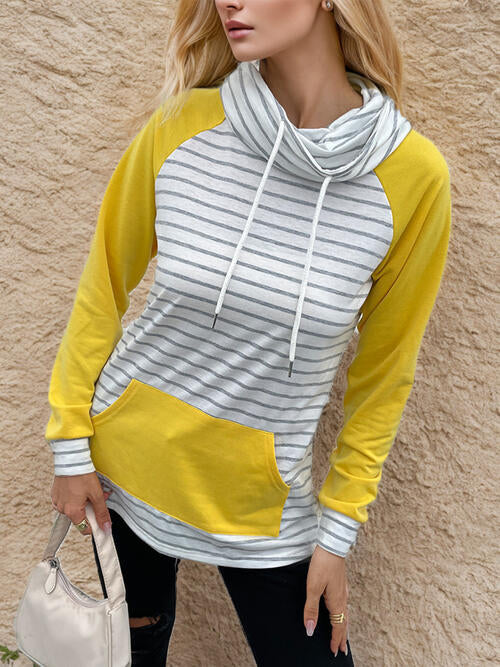 Rosy Brown Contrast Striped Drawstring Long Sleeve Sweatshirt Sentient Beauty Fashions Tops