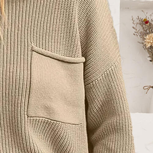 Tan Ribbed Dropped Shoulder Sweater with Pocket Sentient Beauty Fashions Tops