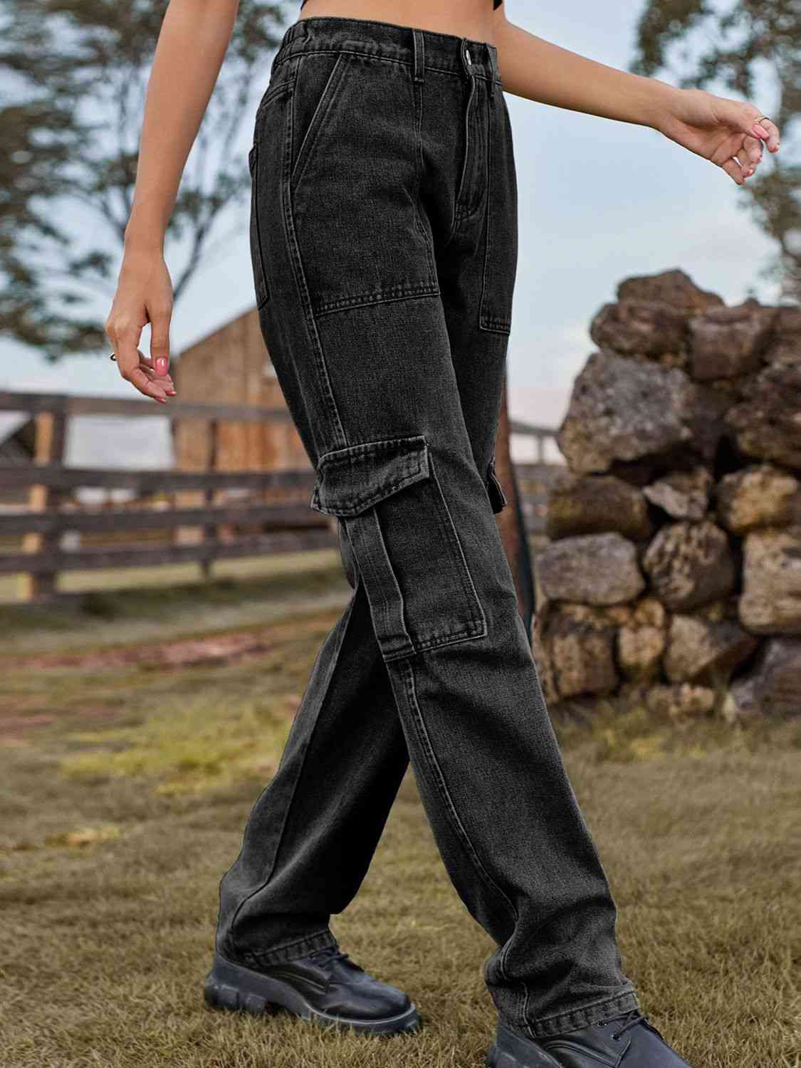 Dark Slate Gray High Waist Cargo Jeans Sentient Beauty Fashions denim