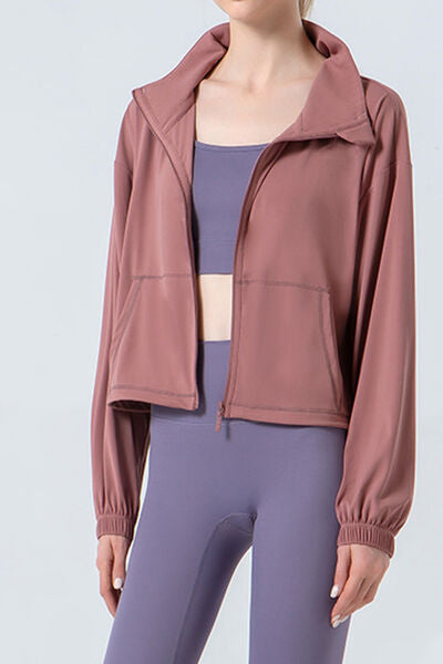 Rosy Brown Drawstring Zip Up Dropped Shoulder Active Outerwear Sentient Beauty Fashions Apparel &amp; Accessories