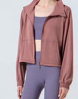 Rosy Brown Drawstring Zip Up Dropped Shoulder Active Outerwear Sentient Beauty Fashions Apparel & Accessories