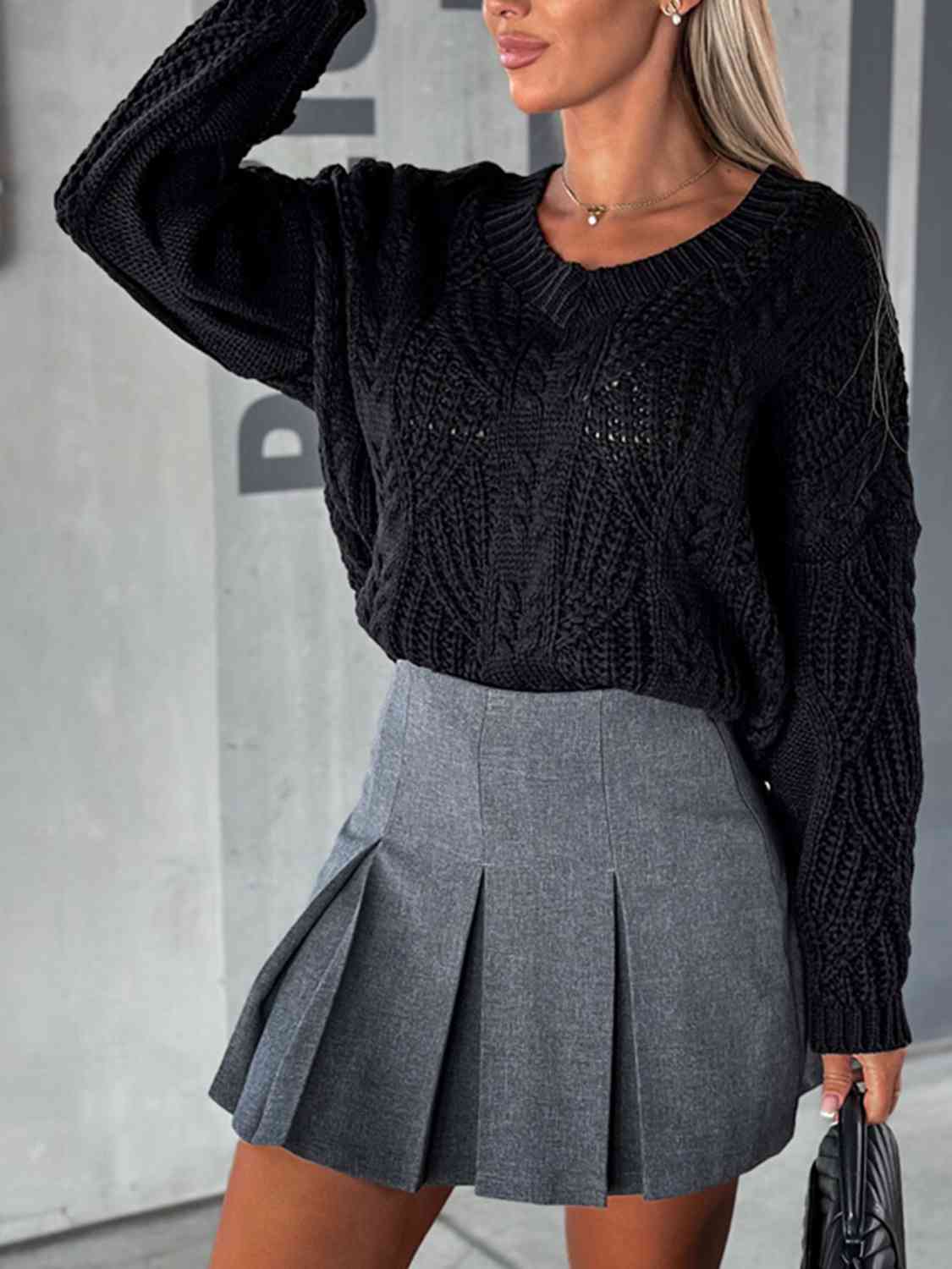 Dark Slate Gray V-Neck Cable-Knit Long Sleeve Sweater Sentient Beauty Fashions Apparel & Accessories