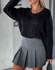 Dark Slate Gray V-Neck Cable-Knit Long Sleeve Sweater