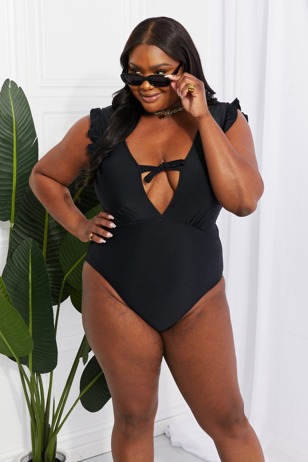 Black Marina West Swim Seashell Ruffle Sleeve One-Piece in Black