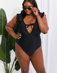 Black Marina West Swim Seashell Ruffle Sleeve One-Piece in Black Sentient Beauty Fashions Swimwear