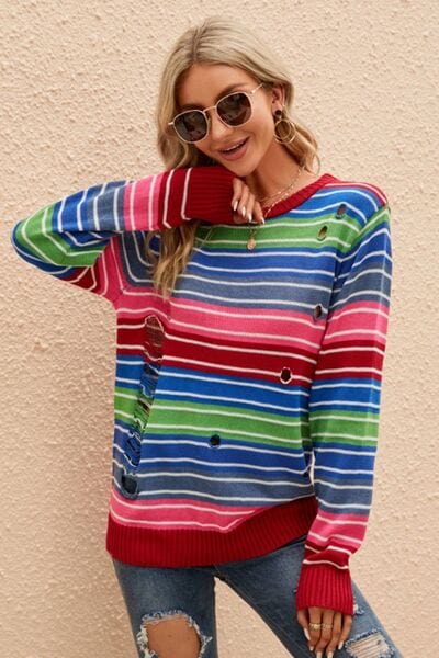 Tan Striped Distressed Cutout Round Neck Sweater