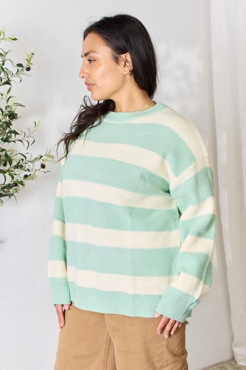 Light Gray Sew In Love Full Size Contrast Striped Round Neck Sweater