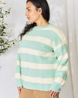 Light Gray Sew In Love Full Size Contrast Striped Round Neck Sweater