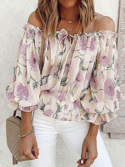 Gray Floral Off-Shoulder Flounce Sleeve Blouse Sentient Beauty Fashions Apparel &amp; Accessories