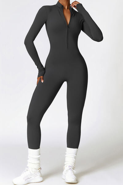 Dark Slate Gray Zip Up Long Sleeve Slim Active Jumpsuit Sentient Beauty Fashions Apparel & Accessories