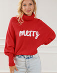Light Gray Merry Letter Embroidered High Neck Sweater Sentient Beauty Fashions Apparel & Accessories