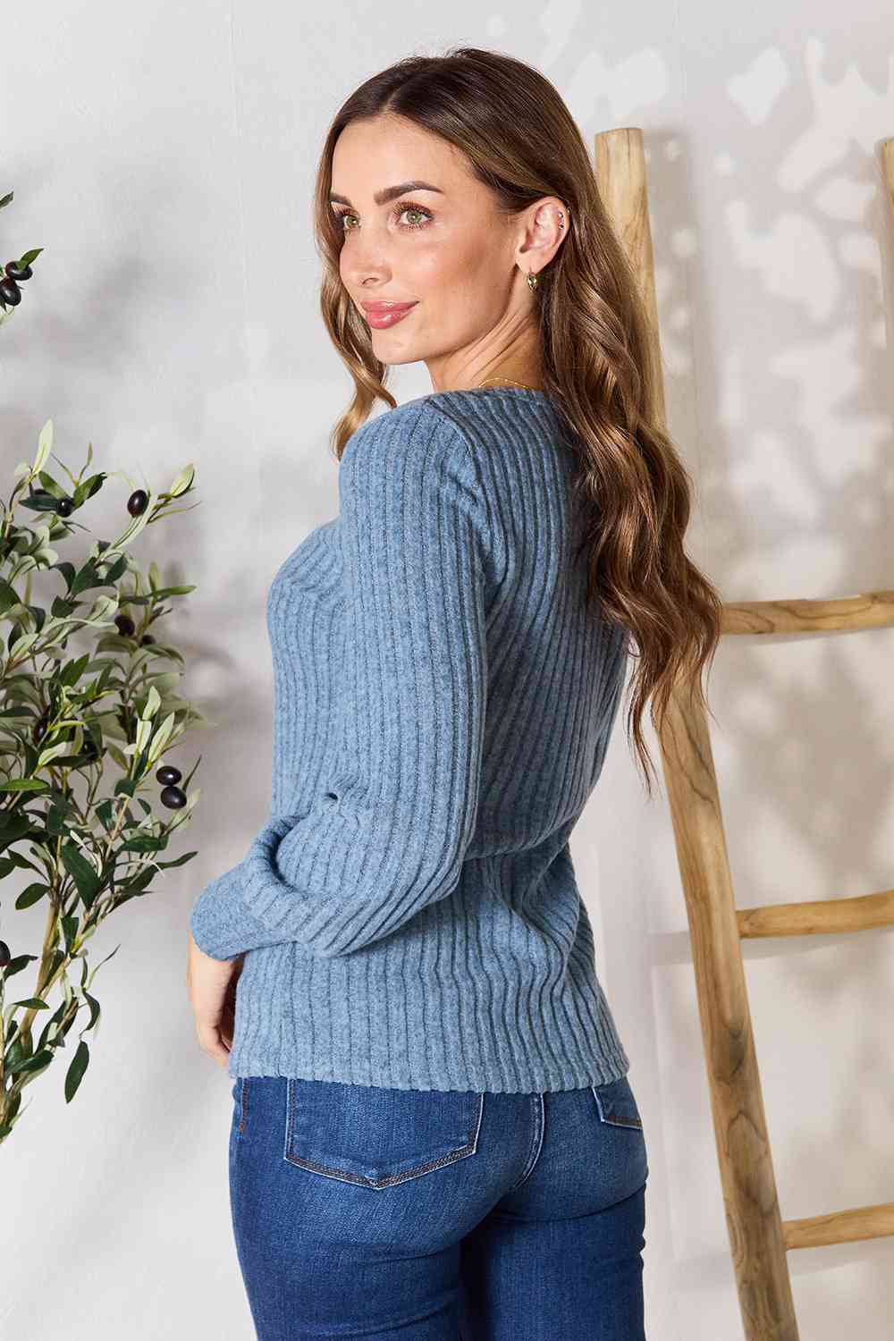 Gray Double Take Ribbed Round Neck Lantern Sleeve Blouse Sentient Beauty Fashions Apparel &amp; Accessories