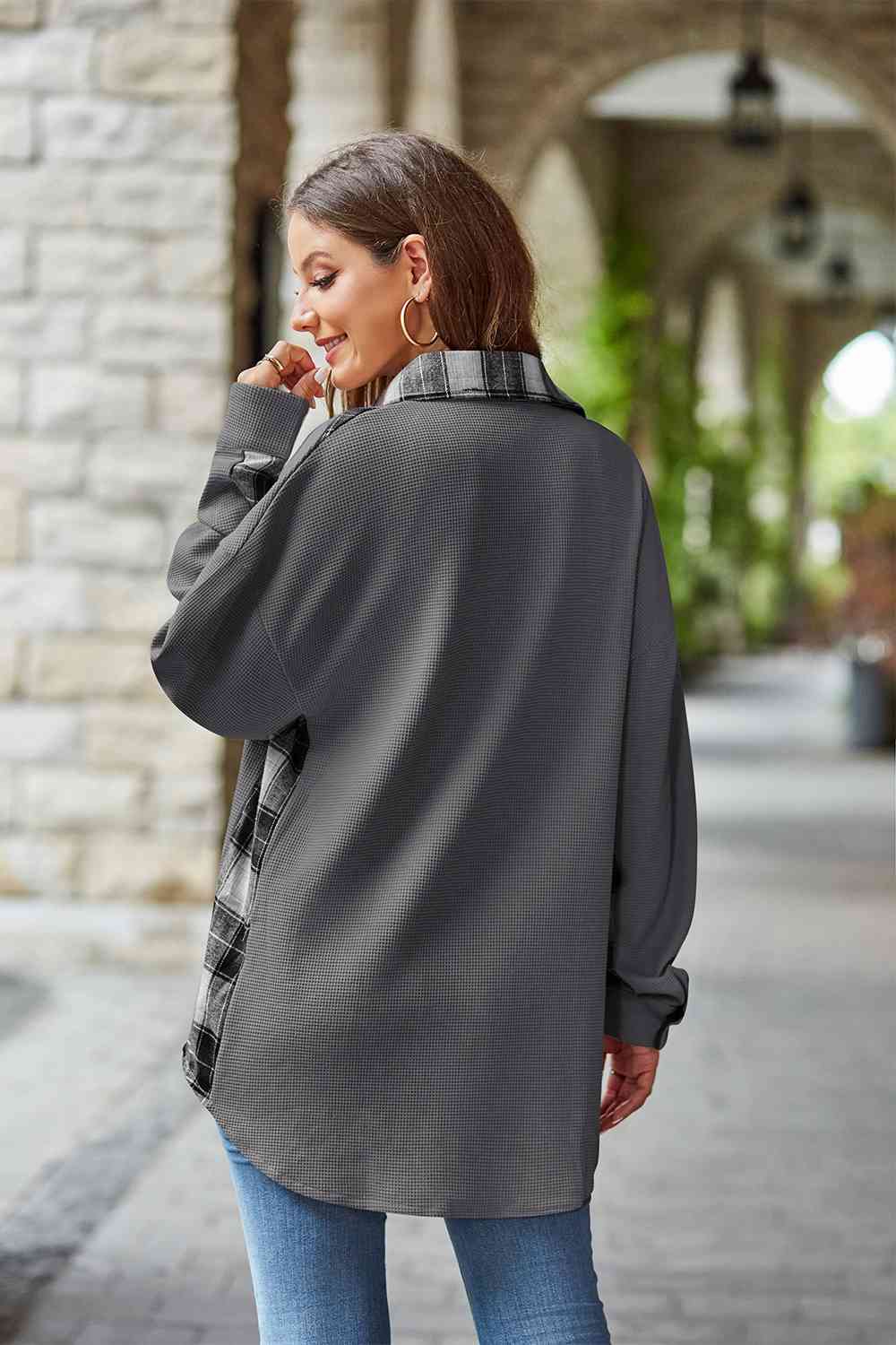 Dark Gray Plaid Collared Dropped Shoulder Jacket Sentient Beauty Fashions Apparel &amp; Accessories