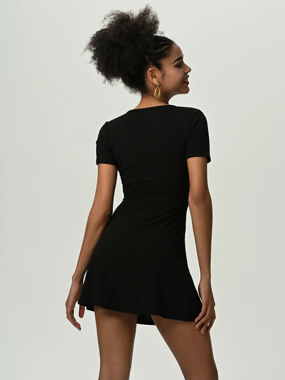 Black Deep V Short Sleeve Mini Dress Sentient Beauty Fashions Apparel &amp; Accessories