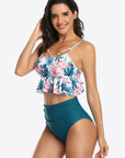 Beige Tropical Print Ruffled Two-Piece Swimsuit Sentient Beauty Fashions Swimwear