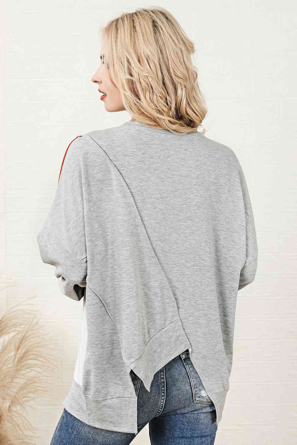 Light Gray Color Block Exposed Seam Asymmetrical Sweatshirt Sentient Beauty Fashions Apparel & Accessories