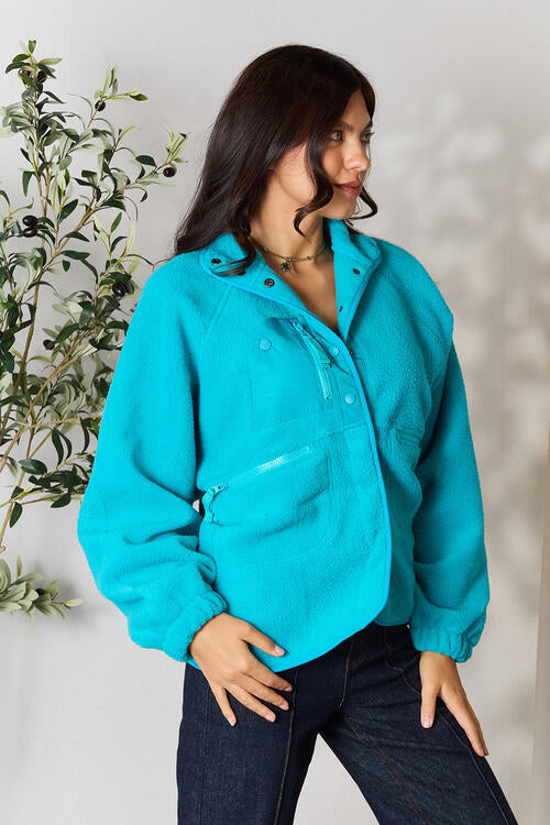 Light Gray Zenana Snap Button Fleece Jacket Sentient Beauty Fashions Apparel & Accessories