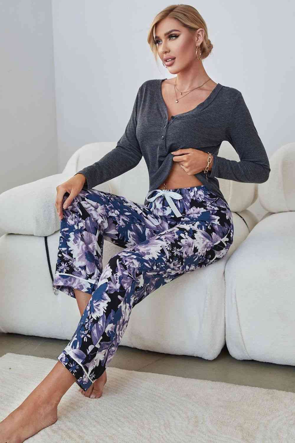 Gray V-Neck Henley Top and Floral Pants Lounge Set Sentient Beauty Fashions Apparel &amp; Accessories