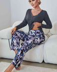 Gray V-Neck Henley Top and Floral Pants Lounge Set Sentient Beauty Fashions Apparel & Accessories