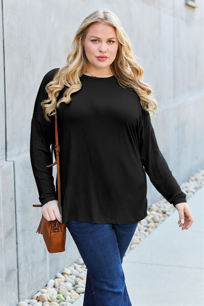 Black Basic Bae Full Size Round Neck Dropped Shoulder T-Shirt Sentient Beauty Fashions Apparel &amp; Accessories