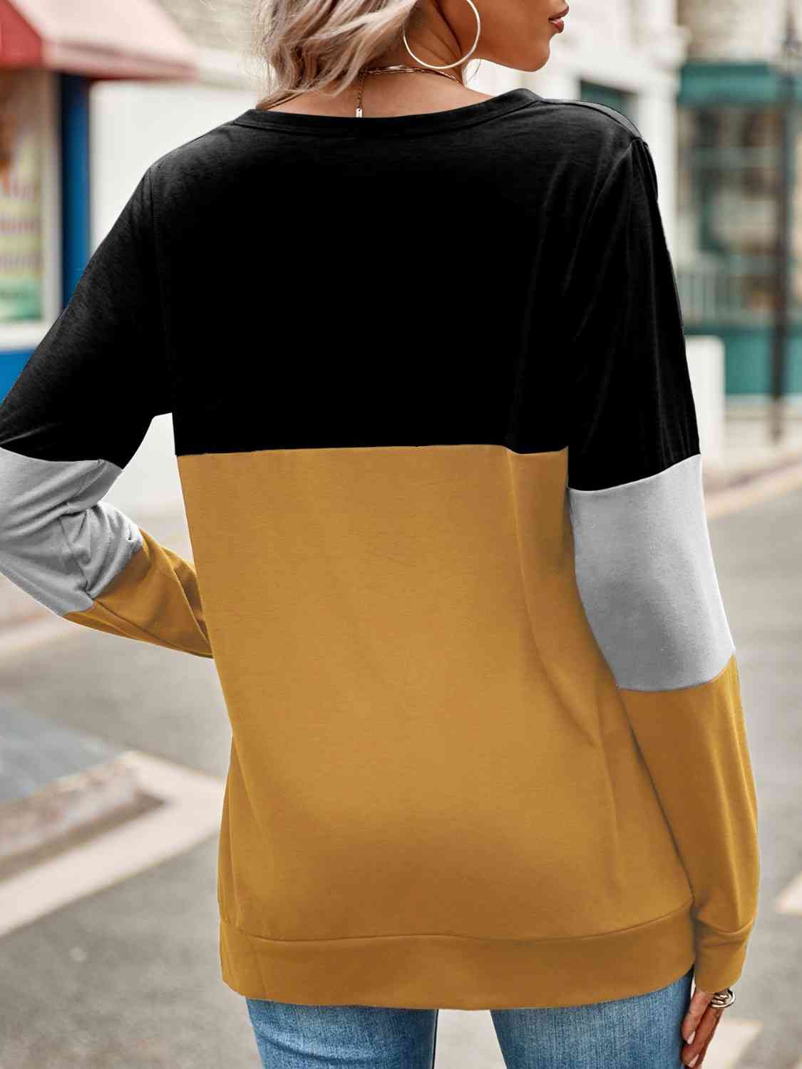 Rosy Brown Color Block Cutout Round Neck Long Sleeve T-Shirt Sentient Beauty Fashions Apparel &amp; Accessories