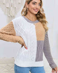 Light Gray Cable-Knit Openwork Round Neck Color Block Sweater Sentient Beauty Fashions Apparel & Accessories