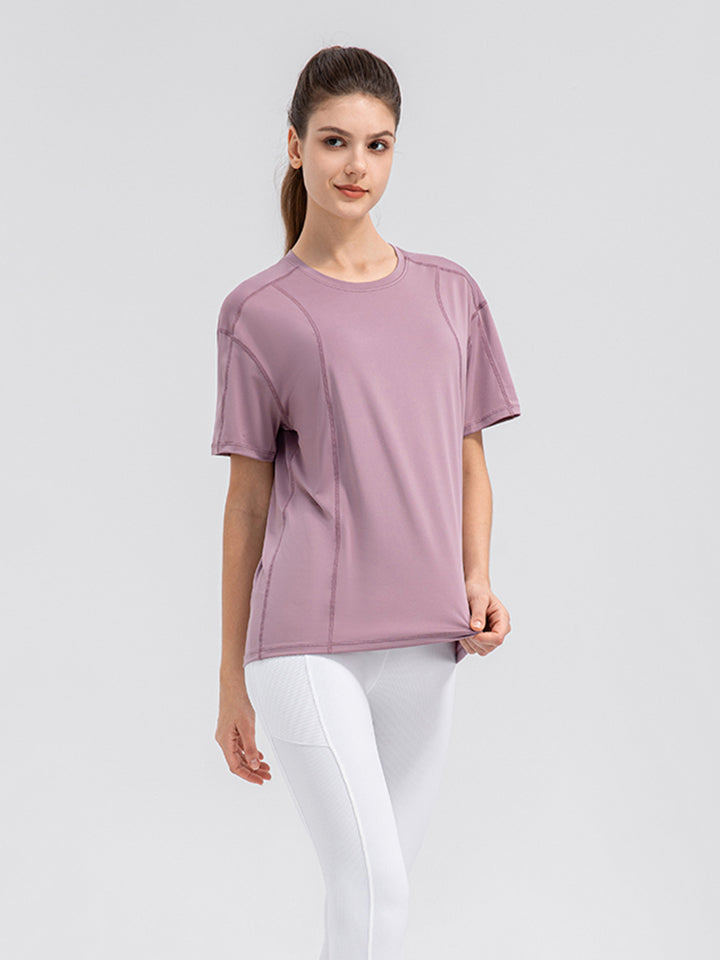 Light Gray Round Neck Short Sleeve Active Top Sentient Beauty Fashions Apparel &amp; Accessories