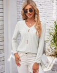 Light Gray Decorative Button Openwork V-Neck T-Shirt