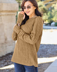 Rosy Brown Basic Bae Full Size Ribbed Round Neck Long Sleeve Knit Top Sentient Beauty Fashions Apparel & Accessories