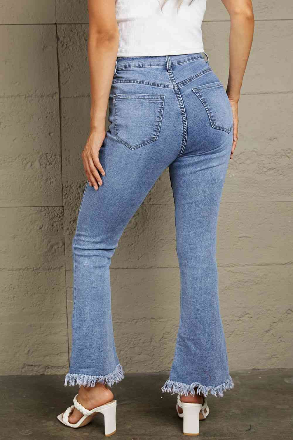 Dim Gray Baeful Frayed Hem Flare Jeans Sentient Beauty Fashions Apparel &amp; Accessories