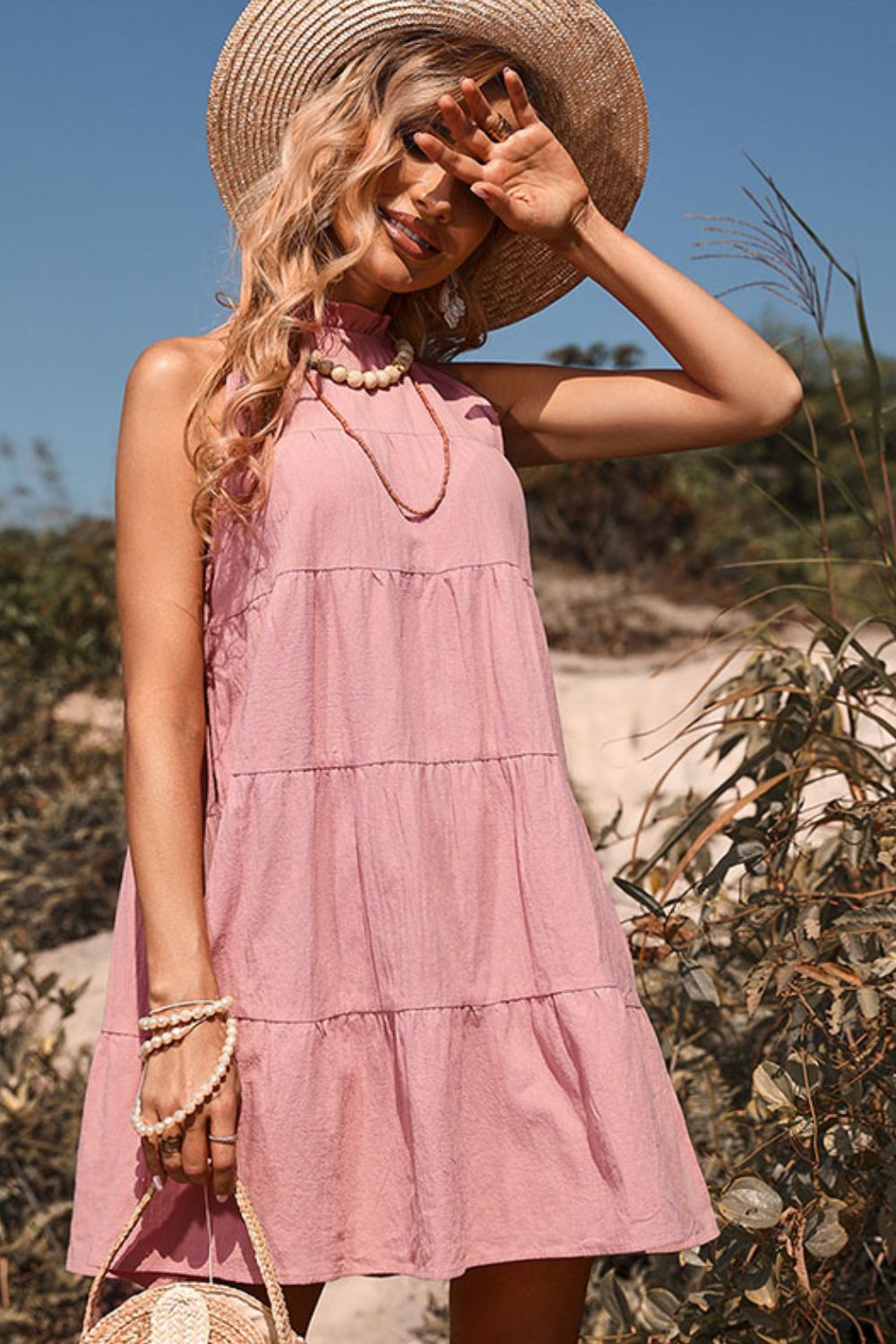 Rosy Brown Tie Back Sleeveless Tiered Dress