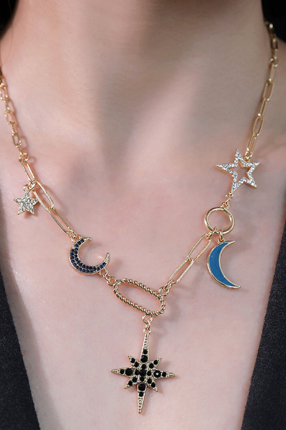 Rosy Brown Star and Moon Rhinestone Alloy Necklace