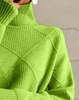 Dark Khaki Geometric Turtleneck Long Sleeve Sweater Sentient Beauty Fashions Tops