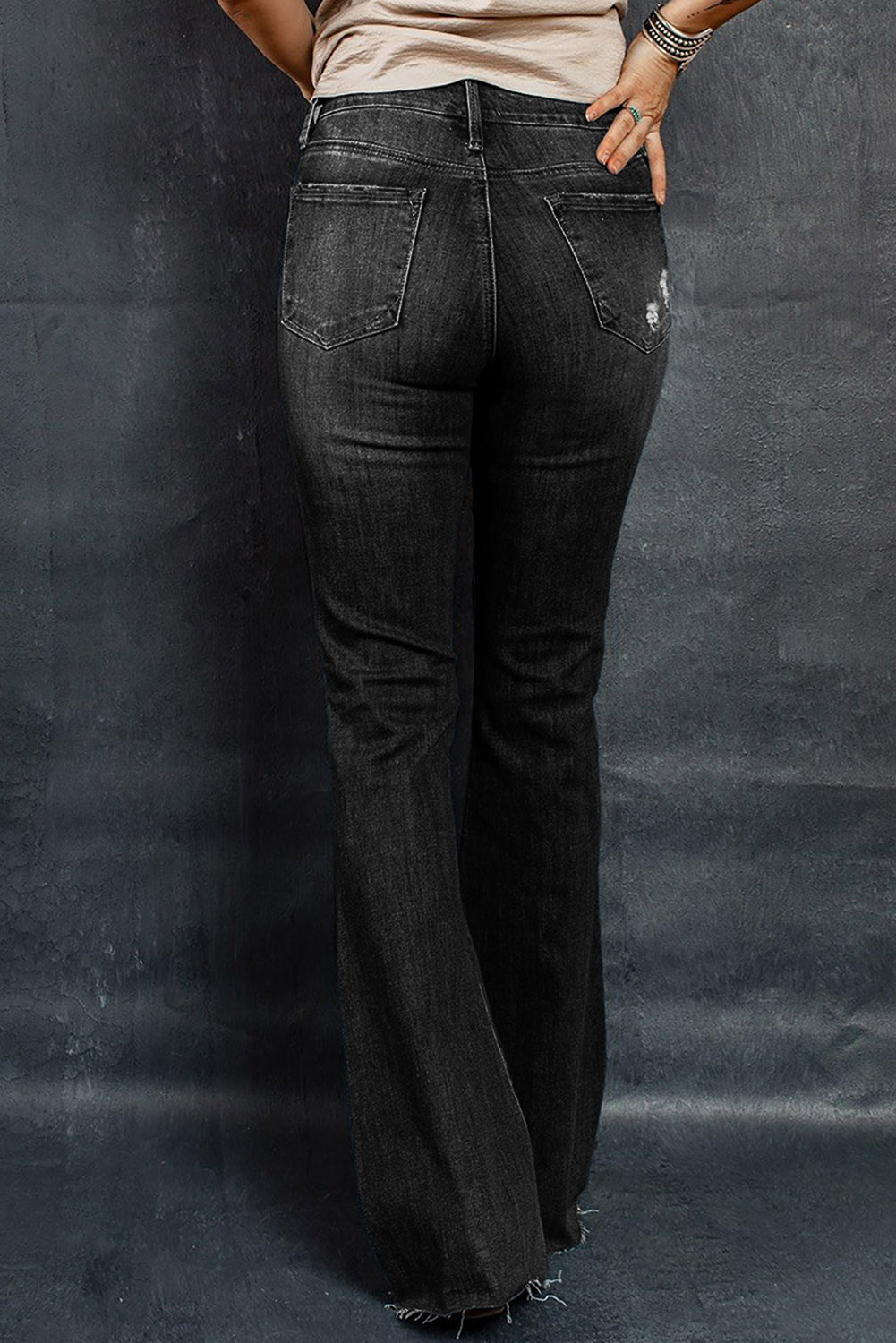 Dark Slate Gray Distressed Raw Hem Flare Jeans